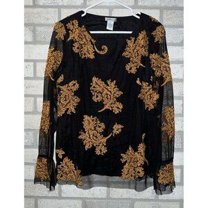 Sundance Blouse Sz Medium Black Mesh Embroidered Beaded Flora Top Flare Sleeve